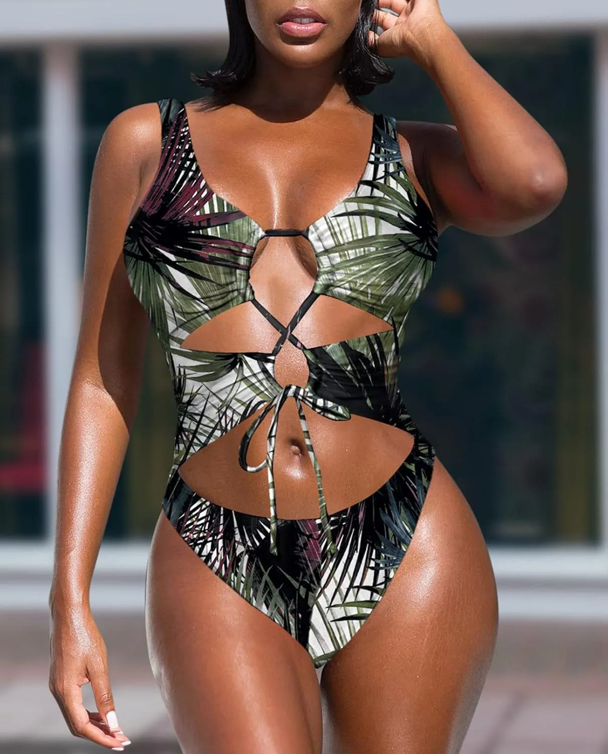 Viottiset Women's Cutout High Cut One Piece Cheeky Lace Up Swimsuit Bikini