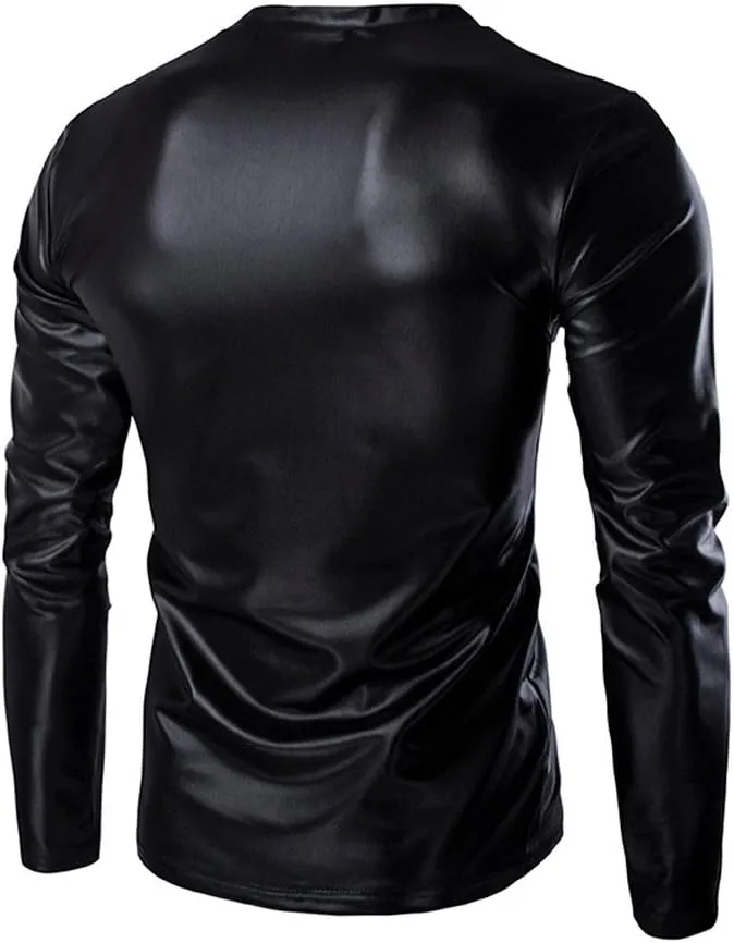 VOWUA Mens Shirts Tunic Tops Metallic Shiny Wet Look T-Shirt Patent Leather Hip Hop Nightclub Party Blouse