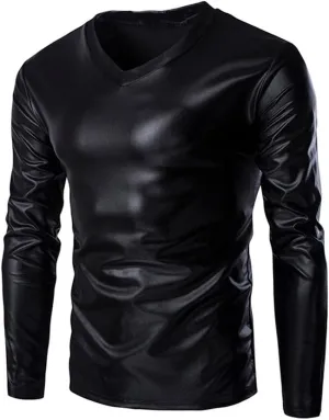 VOWUA Mens Shirts Tunic Tops Metallic Shiny Wet Look T-Shirt Patent Leather Hip Hop Nightclub Party Blouse