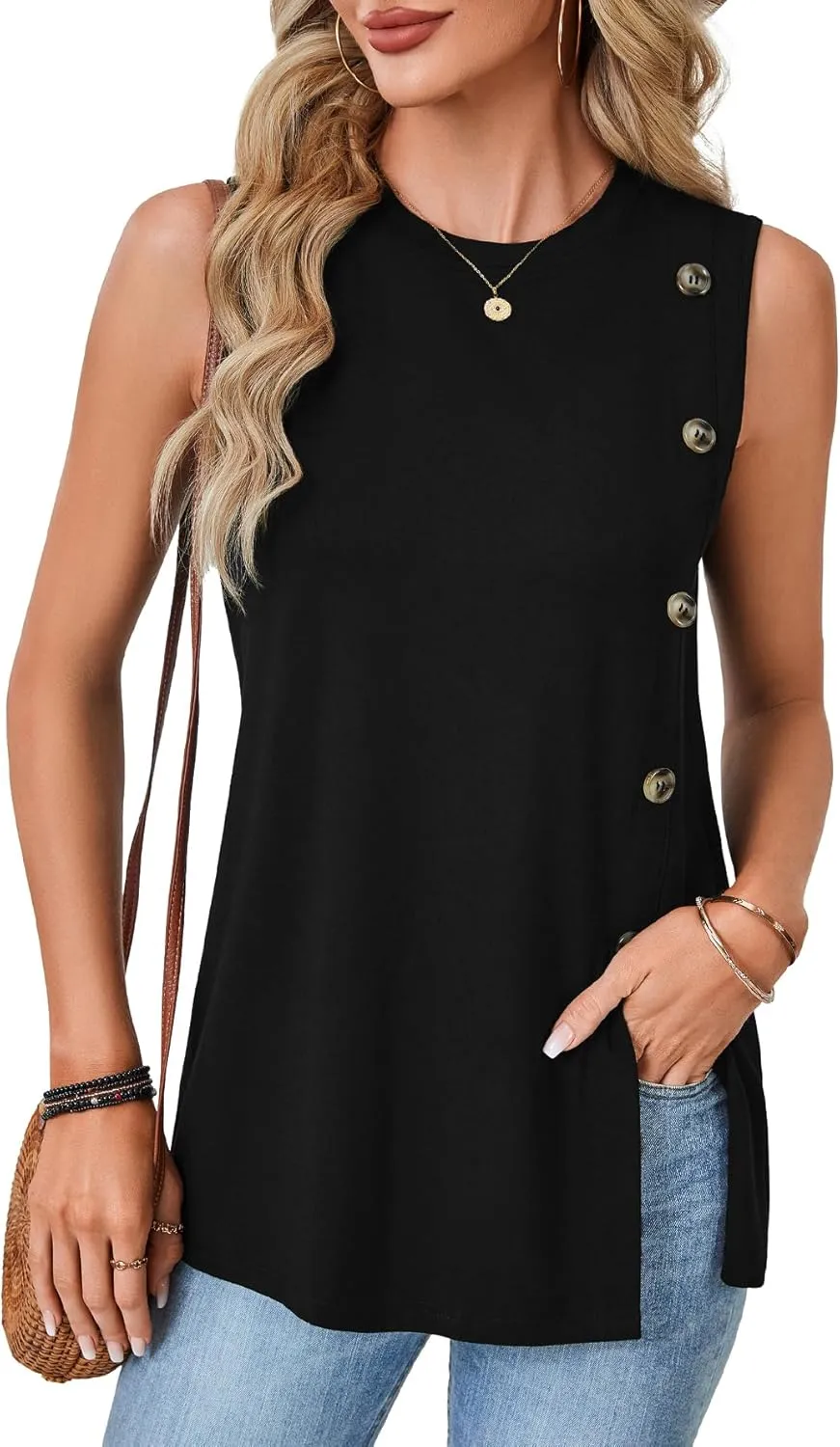 Vrtige Women's Summer Sleeveless Tank Top Casual Crewneck Button Side Split Tunic Top Shirt