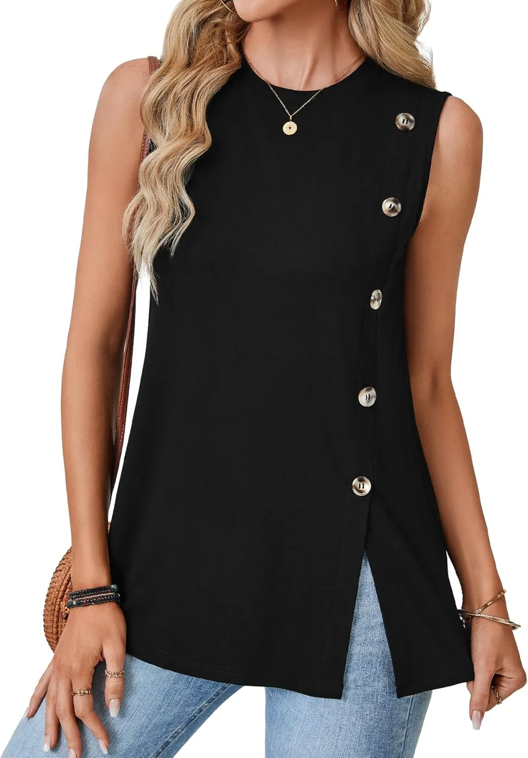 Vrtige Women's Summer Sleeveless Tank Top Casual Crewneck Button Side Split Tunic Top Shirt