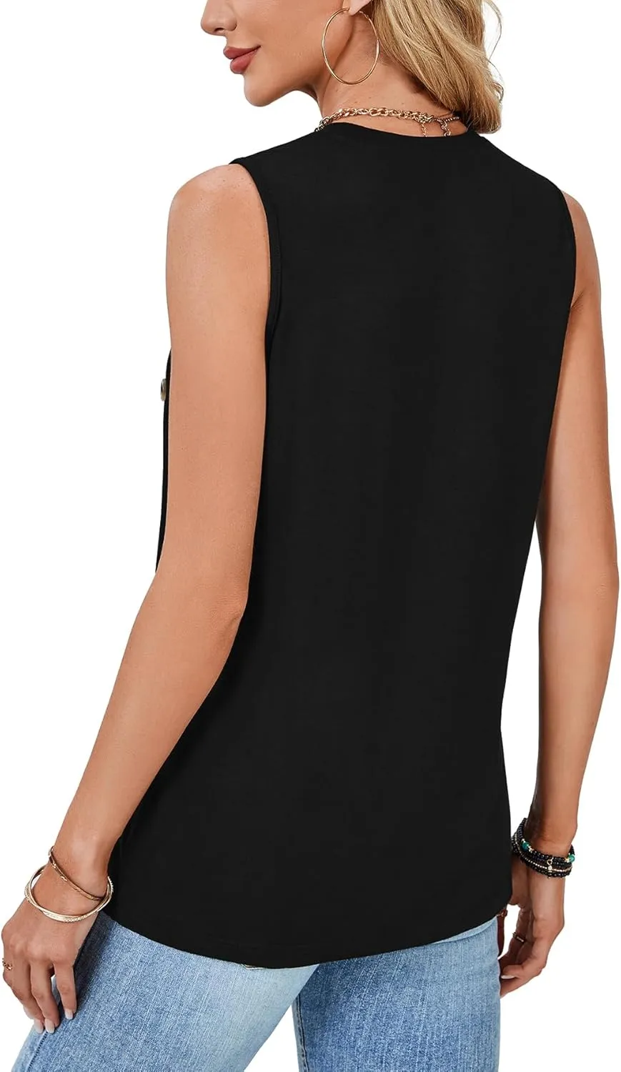 Vrtige Women's Summer Sleeveless Tank Top Casual Crewneck Button Side Split Tunic Top Shirt