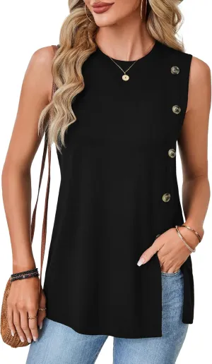 Vrtige Women's Summer Sleeveless Tank Top Casual Crewneck Button Side Split Tunic Top Shirt