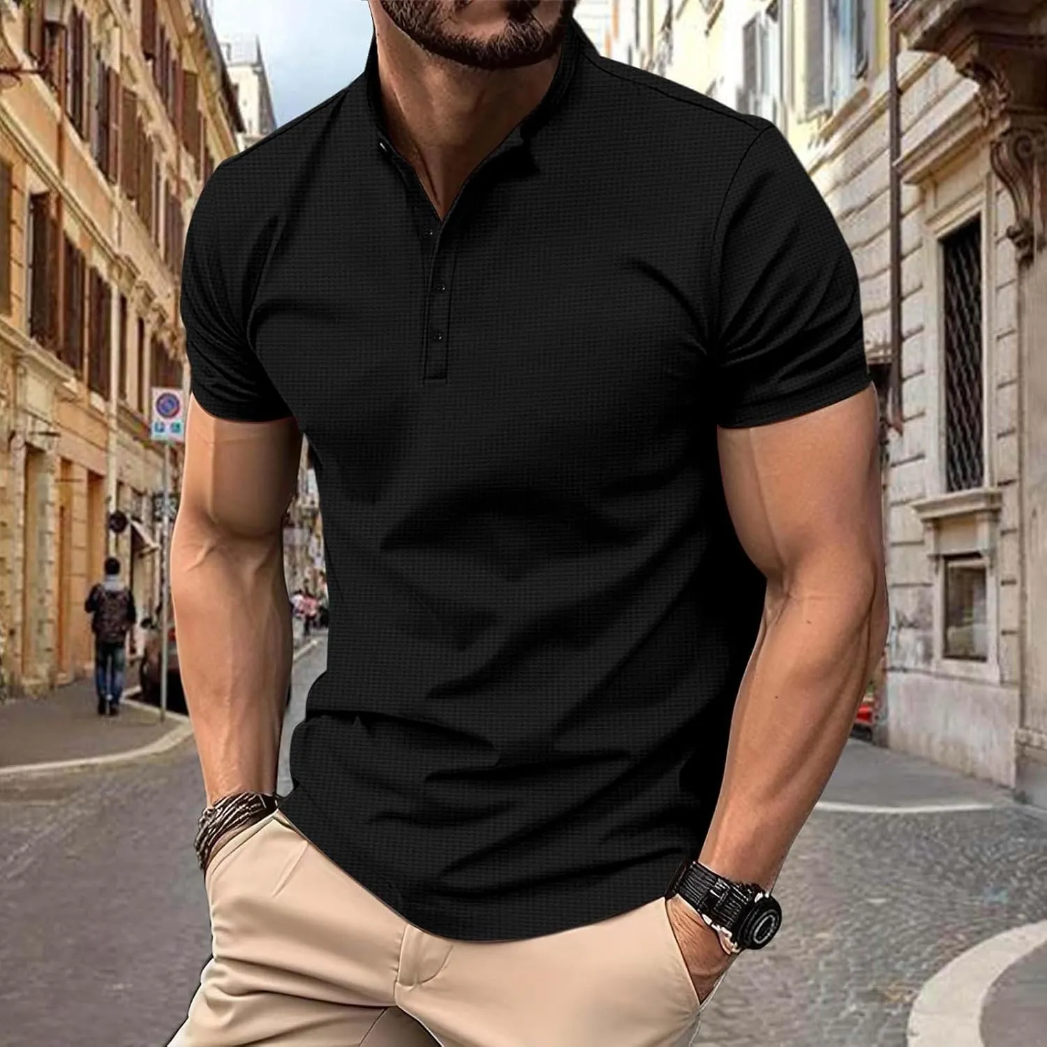 Waffle Polo Shirt for Men, Blade Collar Golf Polo Shirts 2024 Pique Short Sleeve Casual Classic Cotton Tee Shirts