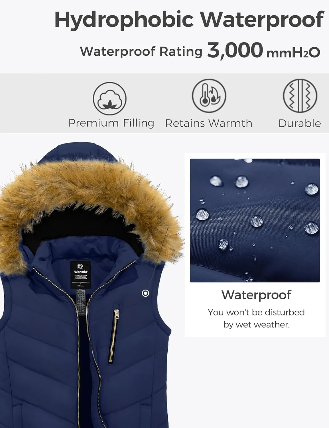 wantdo Women's Thicken Winter Vest Warm Puffer Vest with Removable Fur Hood