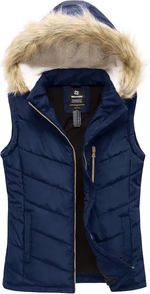 wantdo Women's Thicken Winter Vest Warm Puffer Vest with Removable Fur Hood