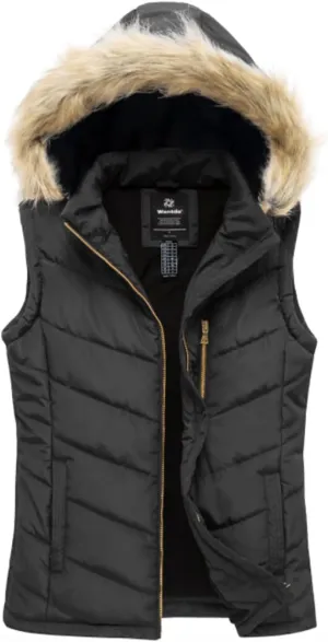 wantdo Women's Thicken Winter Vest Warm Puffer Vest with Removable Fur Hood