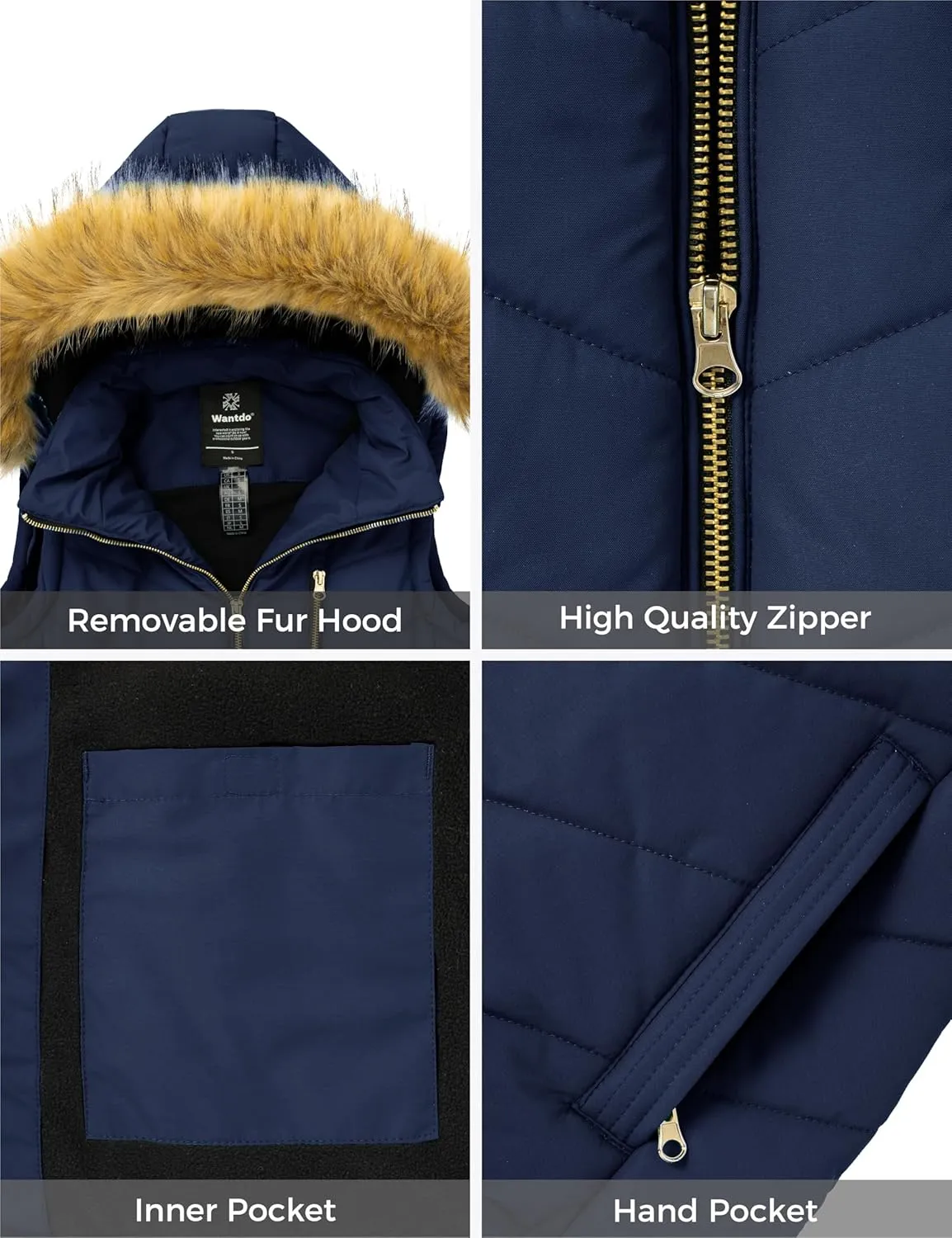 wantdo Women's Thicken Winter Vest Warm Puffer Vest with Removable Fur Hood