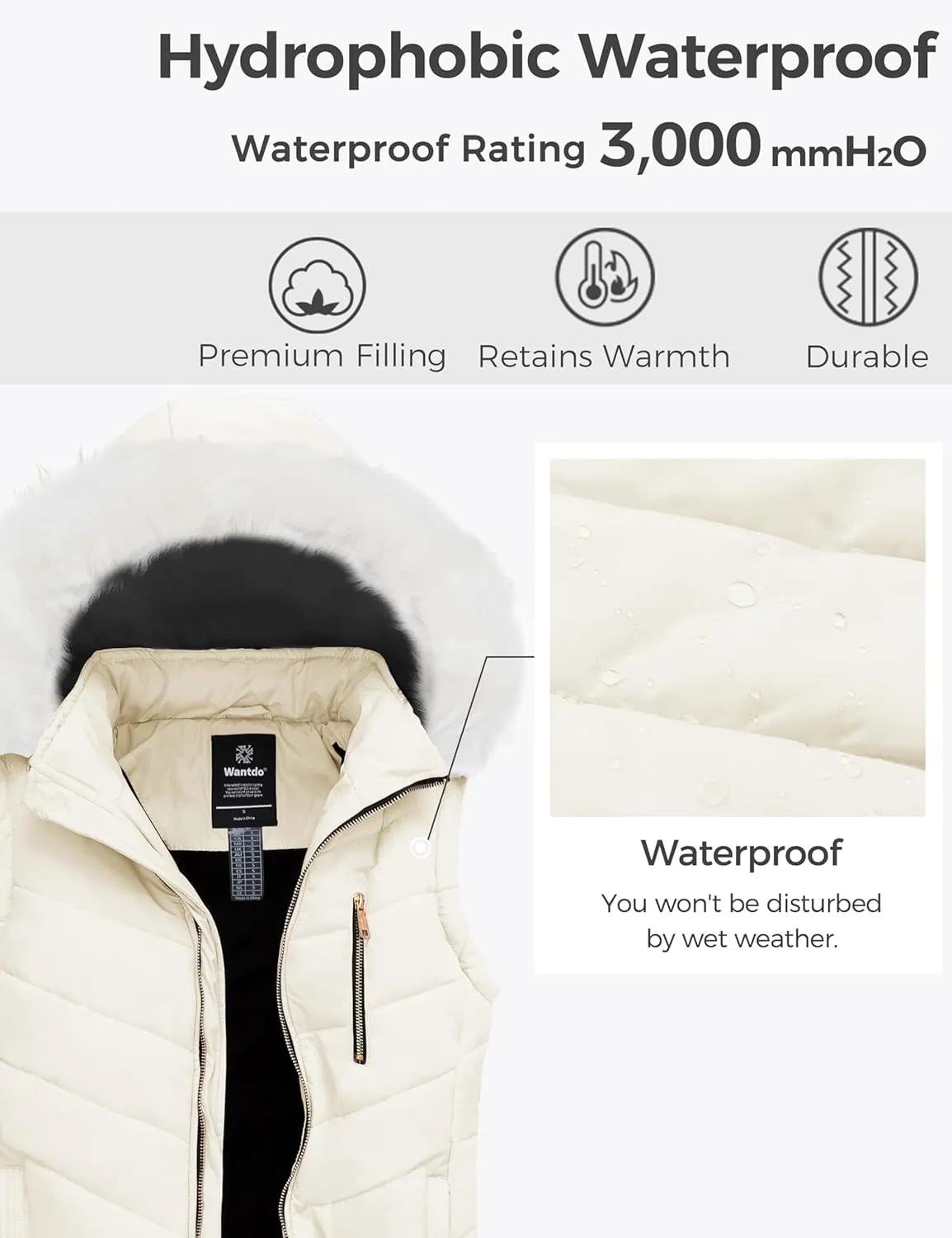 wantdo Women's Thicken Winter Vest Warm Puffer Vest with Removable Fur Hood