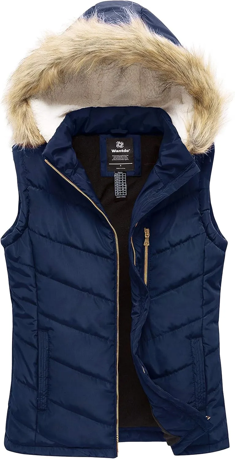 wantdo Women's Thicken Winter Vest Warm Puffer Vest with Removable Fur Hood