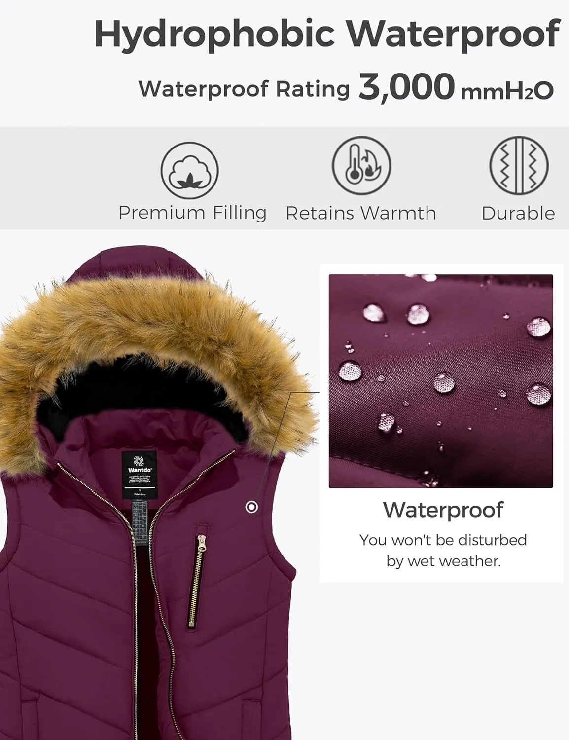 wantdo Women's Thicken Winter Vest Warm Puffer Vest with Removable Fur Hood