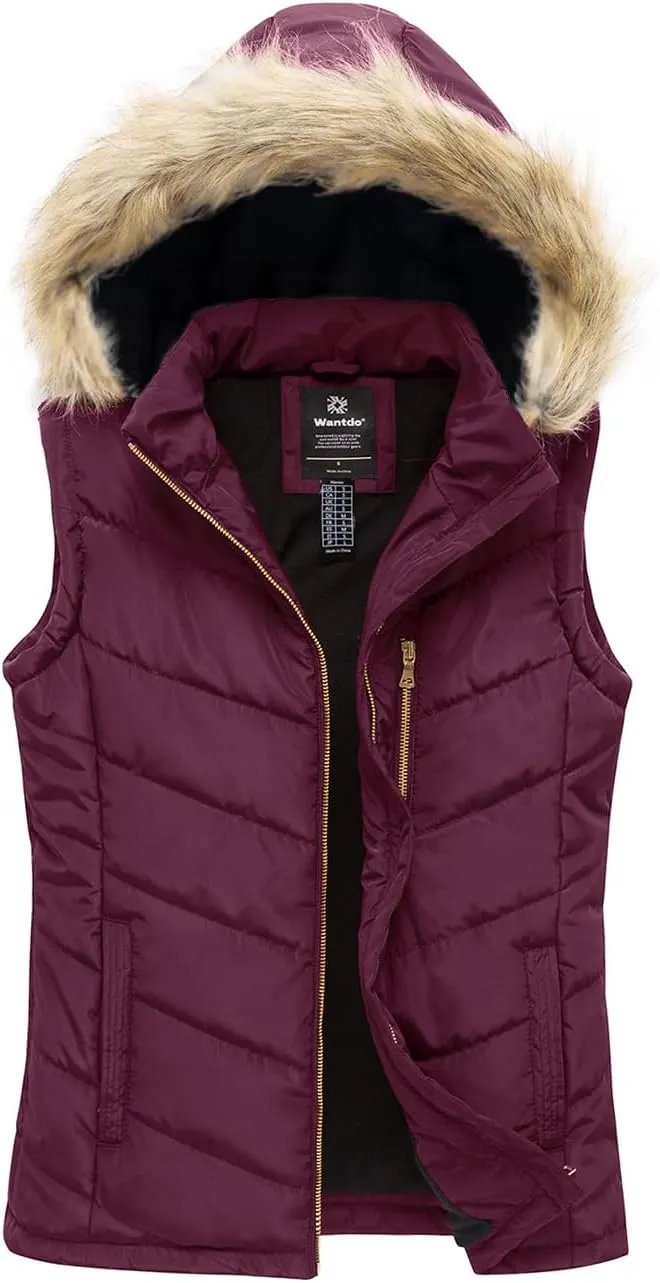 wantdo Women's Thicken Winter Vest Warm Puffer Vest with Removable Fur Hood