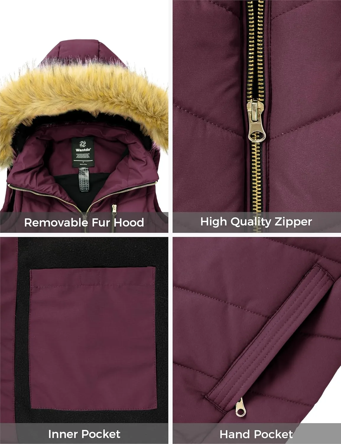 wantdo Women's Thicken Winter Vest Warm Puffer Vest with Removable Fur Hood