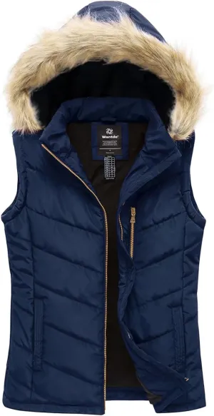wantdo Women's Thicken Winter Vest Warm Puffer Vest with Removable Fur Hood