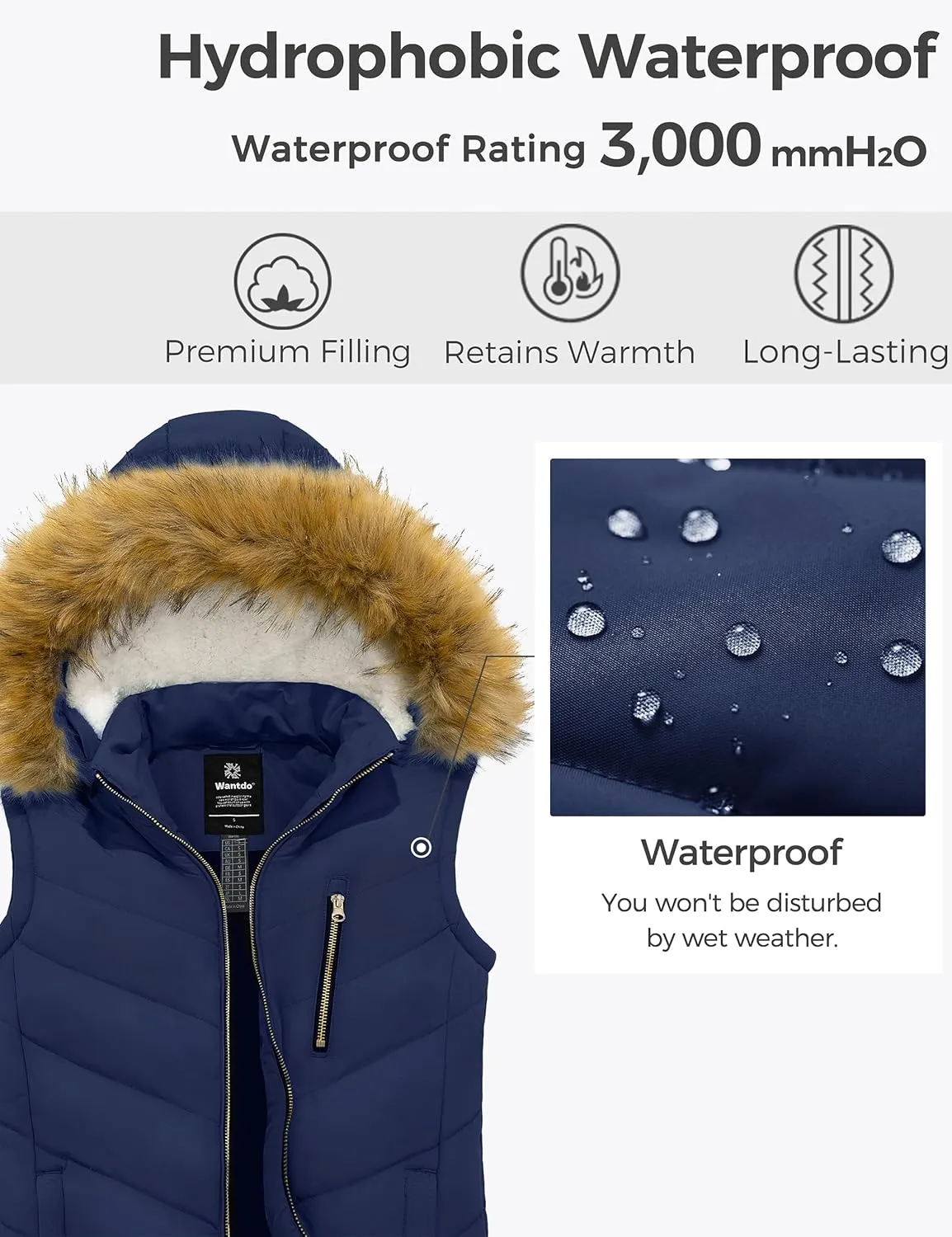 wantdo Women's Thicken Winter Vest Warm Puffer Vest with Removable Fur Hood