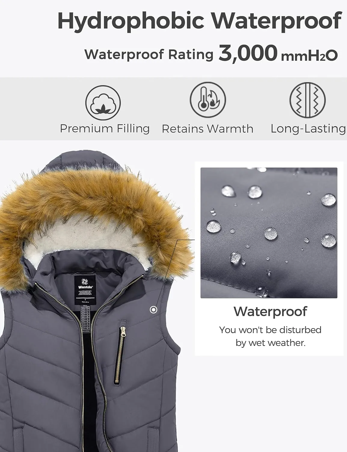 wantdo Women's Thicken Winter Vest Warm Puffer Vest with Removable Fur Hood