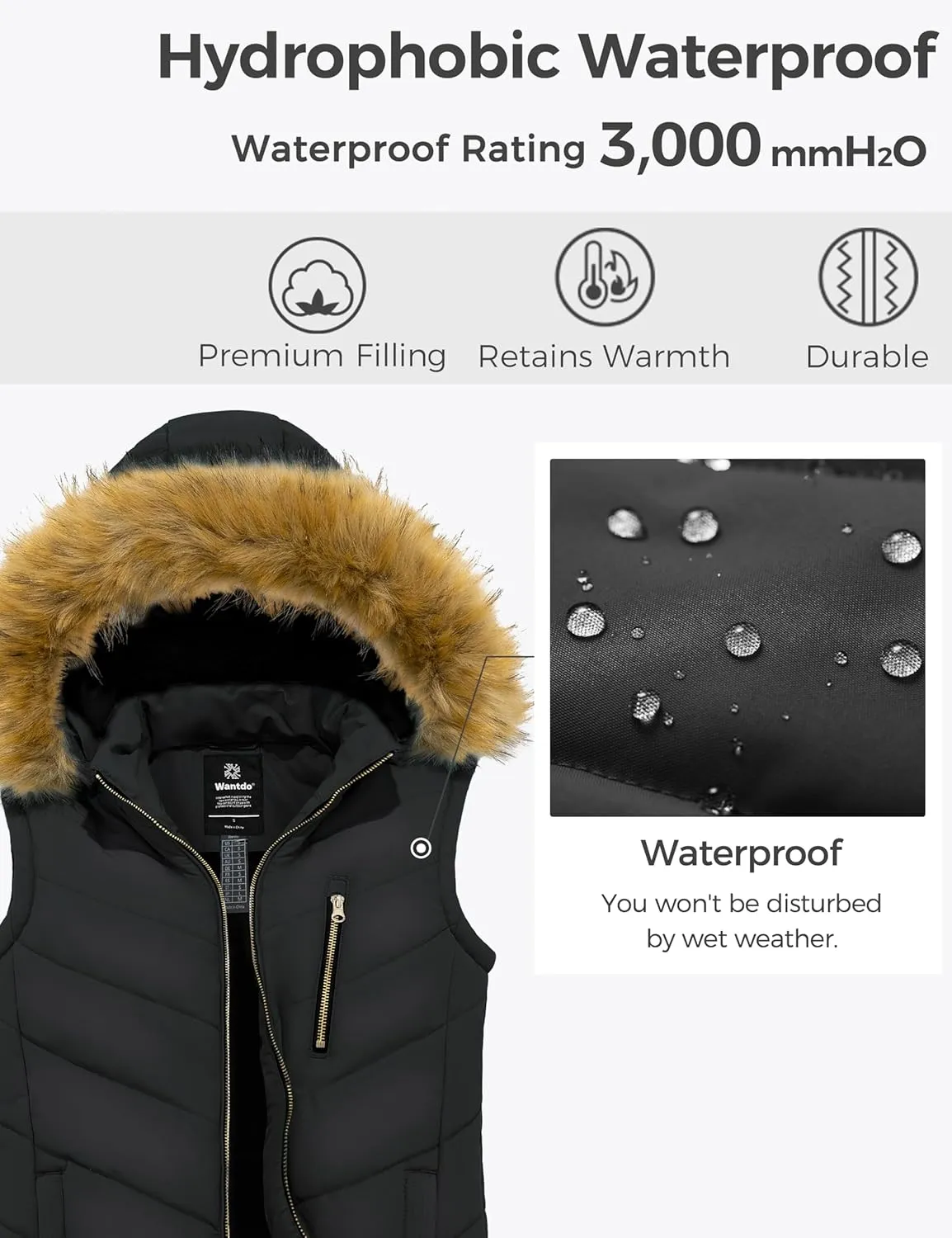 wantdo Women's Thicken Winter Vest Warm Puffer Vest with Removable Fur Hood