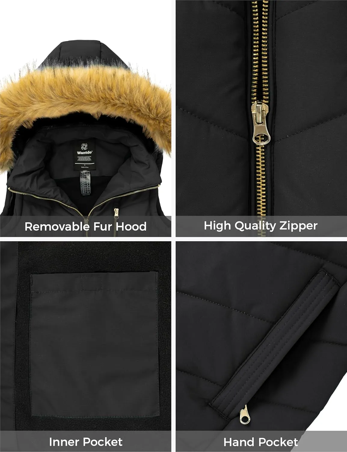 wantdo Women's Thicken Winter Vest Warm Puffer Vest with Removable Fur Hood