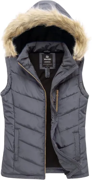wantdo Women's Thicken Winter Vest Warm Puffer Vest with Removable Fur Hood