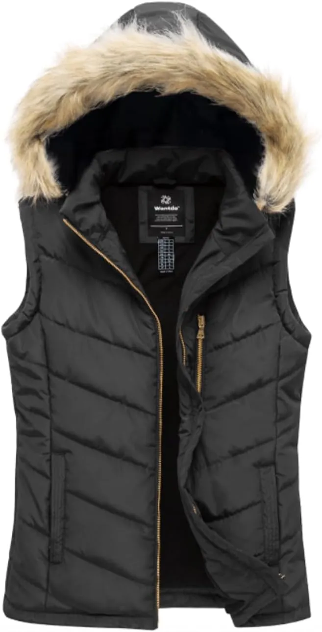 wantdo Women's Thicken Winter Vest Warm Puffer Vest with Removable Fur Hood