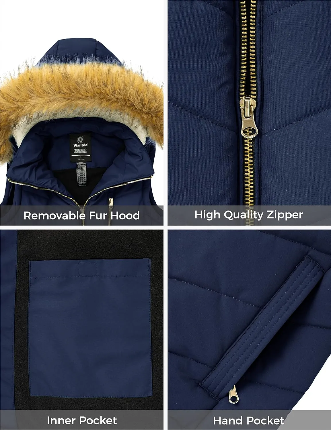 wantdo Women's Thicken Winter Vest Warm Puffer Vest with Removable Fur Hood