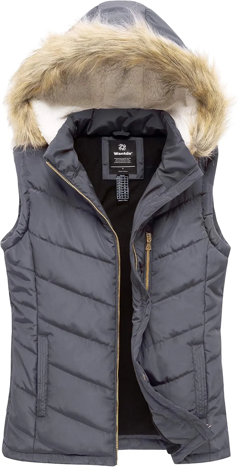 wantdo Women's Thicken Winter Vest Warm Puffer Vest with Removable Fur Hood