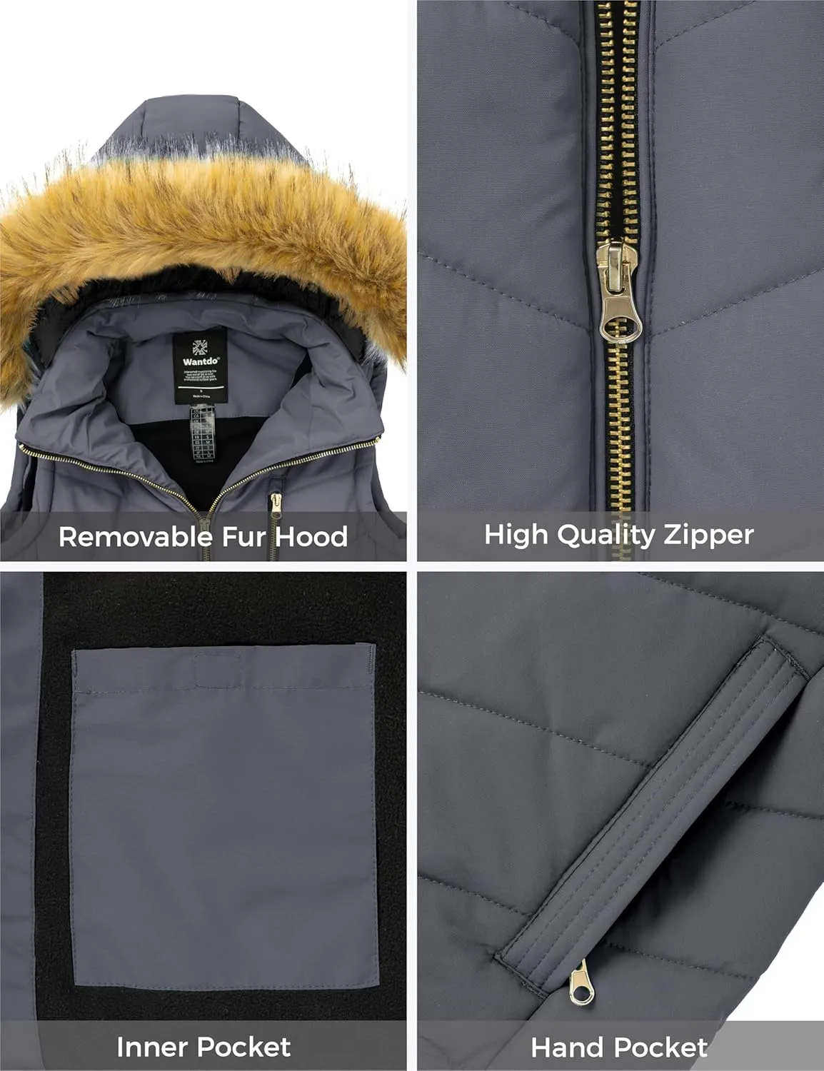 wantdo Women's Thicken Winter Vest Warm Puffer Vest with Removable Fur Hood