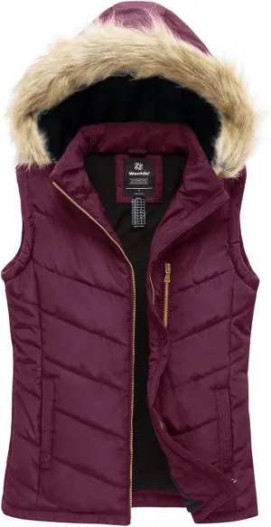 wantdo Women's Thicken Winter Vest Warm Puffer Vest with Removable Fur Hood