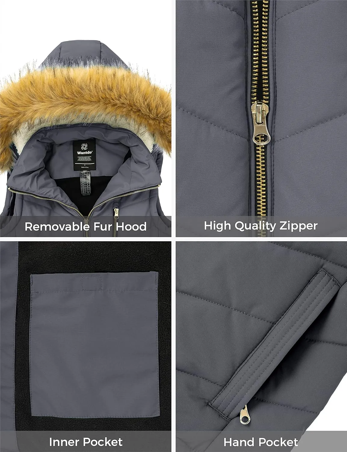 wantdo Women's Thicken Winter Vest Warm Puffer Vest with Removable Fur Hood