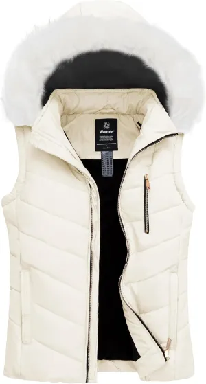 wantdo Women's Thicken Winter Vest Warm Puffer Vest with Removable Fur Hood