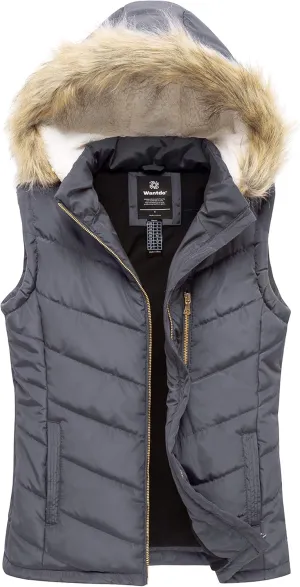 wantdo Women's Thicken Winter Vest Warm Puffer Vest with Removable Fur Hood