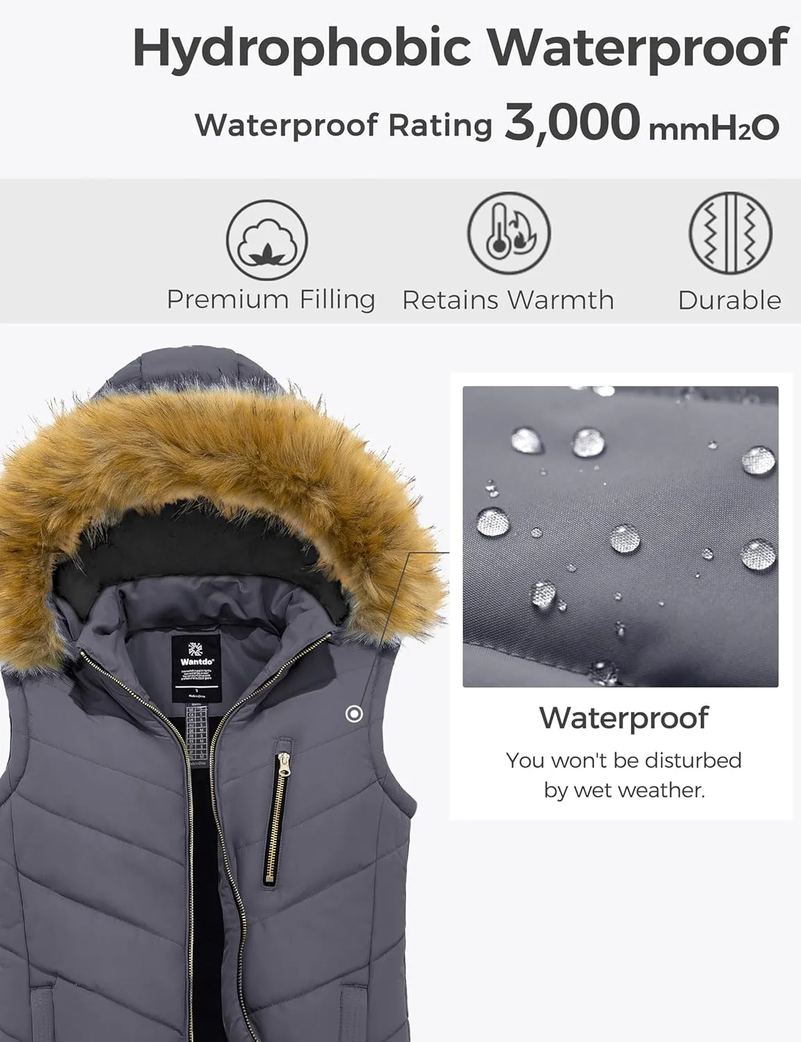 wantdo Women's Thicken Winter Vest Warm Puffer Vest with Removable Fur Hood