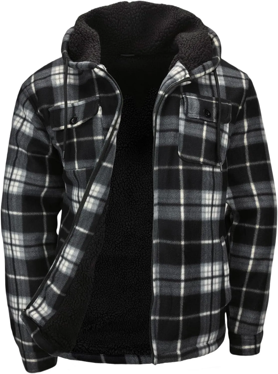 Warm Winter Coats for Men, Flannel Fleece Jackets With Hood Zip Up Heavyweight Hoodie Plaid Thick Sweatshirt