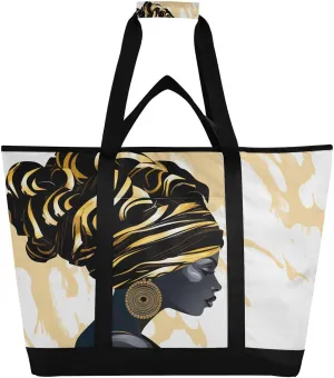 Watercolor African Woman Tote Bag for Women with Zipper Reusable Grocery Bags Foldable Insulated Cooler Bag Shopping Bags Totes Handbags for Groceries Work Picnic Travel Beach