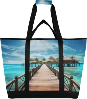 Watercolor Beach Tote Bag for Women with Zipper Reusable Grocery Bags Foldable Insulated Cooler Bag Handbags Totes Shopping Bags for Groceries Travel Beach Work Picnic
