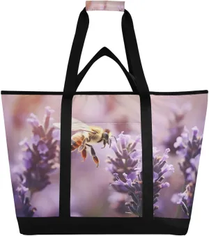 Watercolor Bee Tote Bag for Women with Zipper Reusable Grocery Bags Foldable Insulated Cooler Bag Shopping Bags Handbags Totes for Groceries Travel Beach Picnic Work