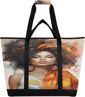 Watercolor Black Woman Tote Bag for Women with Zipper Reusable Grocery Bags Foldable Insulated Cooler Bag Shopping Bags Handbags Totes for Groceries Picnic Beach Travel Work