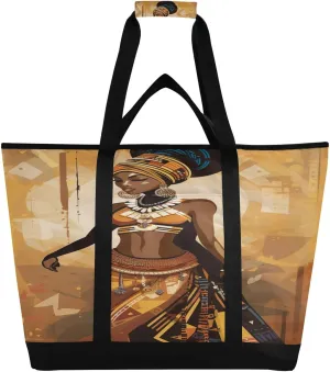 Watercolor Black Woman Tote Bag for Women with Zipper Reusable Grocery Bags Foldable Insulated Cooler Bag Shopping Bags Totes Handbags for Groceries Work Picnic Travel Beach