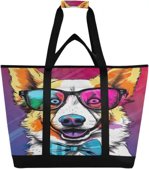 Watercolor Dog Tote Bag for Women with Zipper Reusable Grocery Bags Foldable Insulated Cooler Bag Shopping Bags Handbags Totes for Groceries Travel Beach Work Picnic