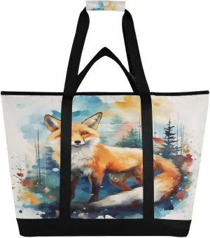 Watercolor Fox Tote Bag for Women with Zipper Reusable Grocery Bags Foldable Insulated Cooler Bag Totes Shopping Bags Handbags for Groceries Picnic Beach Travel Work