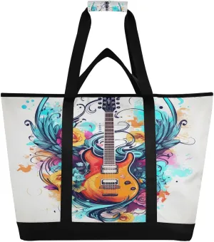 Watercolor Guitar Tote Bag for Women with Zipper Reusable Grocery Bags Foldable Insulated Cooler Bag Totes Shopping Bags Handbags for Groceries Beach Picnic Travel Work