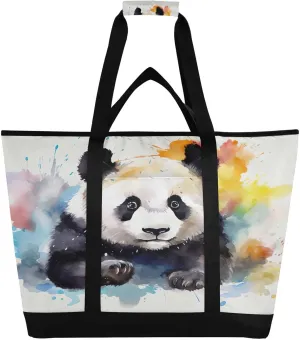 Watercolor Panda Tote Bag for Women with Zipper Reusable Grocery Bags Foldable Insulated Cooler Bag Handbags Totes Shopping Bags for Groceries Travel Beach Picnic Work