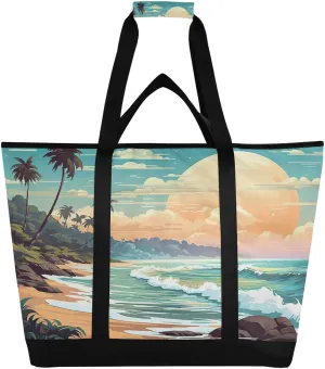 Watercolor Summer Tote Bag for Women with Zipper Reusable Grocery Bags Foldable Insulated Cooler Bag Shopping Bags Handbags Totes for Groceries Beach Travel Work Picnic