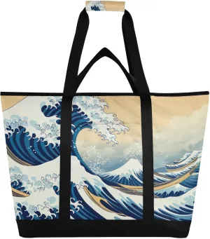 Waves Tote Bag for Women with Zipper Reusable Grocery Bags Foldable Insulated Cooler Bag Shopping Bags Totes Handbags for Groceries Beach Picnic Travel Work