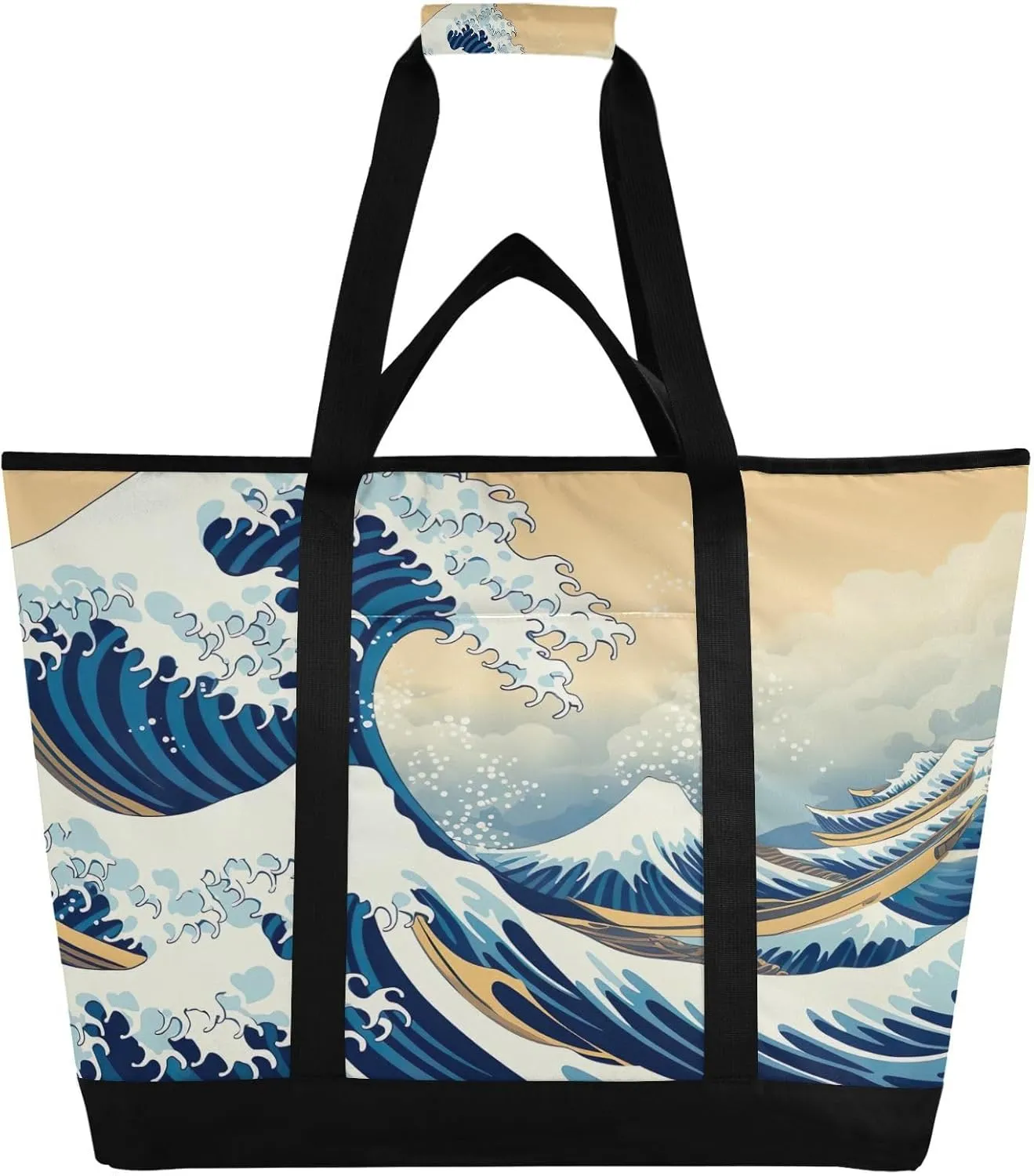 Waves Tote Bag for Women with Zipper Reusable Grocery Bags Foldable Insulated Cooler Bag Shopping Bags Totes Handbags for Groceries Beach Picnic Travel Work