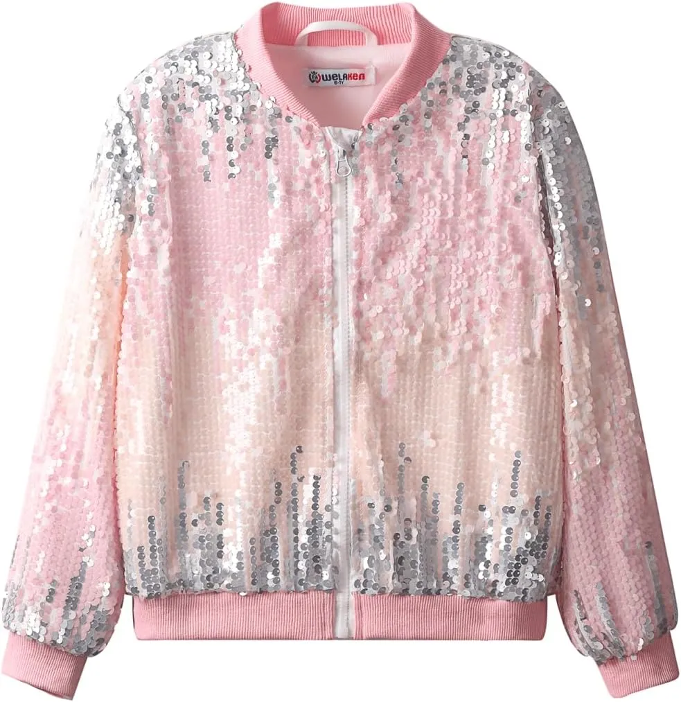 WELAKEN Girls' Ombre Sequin Bomber Jacket with Pockets Lightweight Sparkle Long Sleeve Zipper Gradient Jackets for Kid