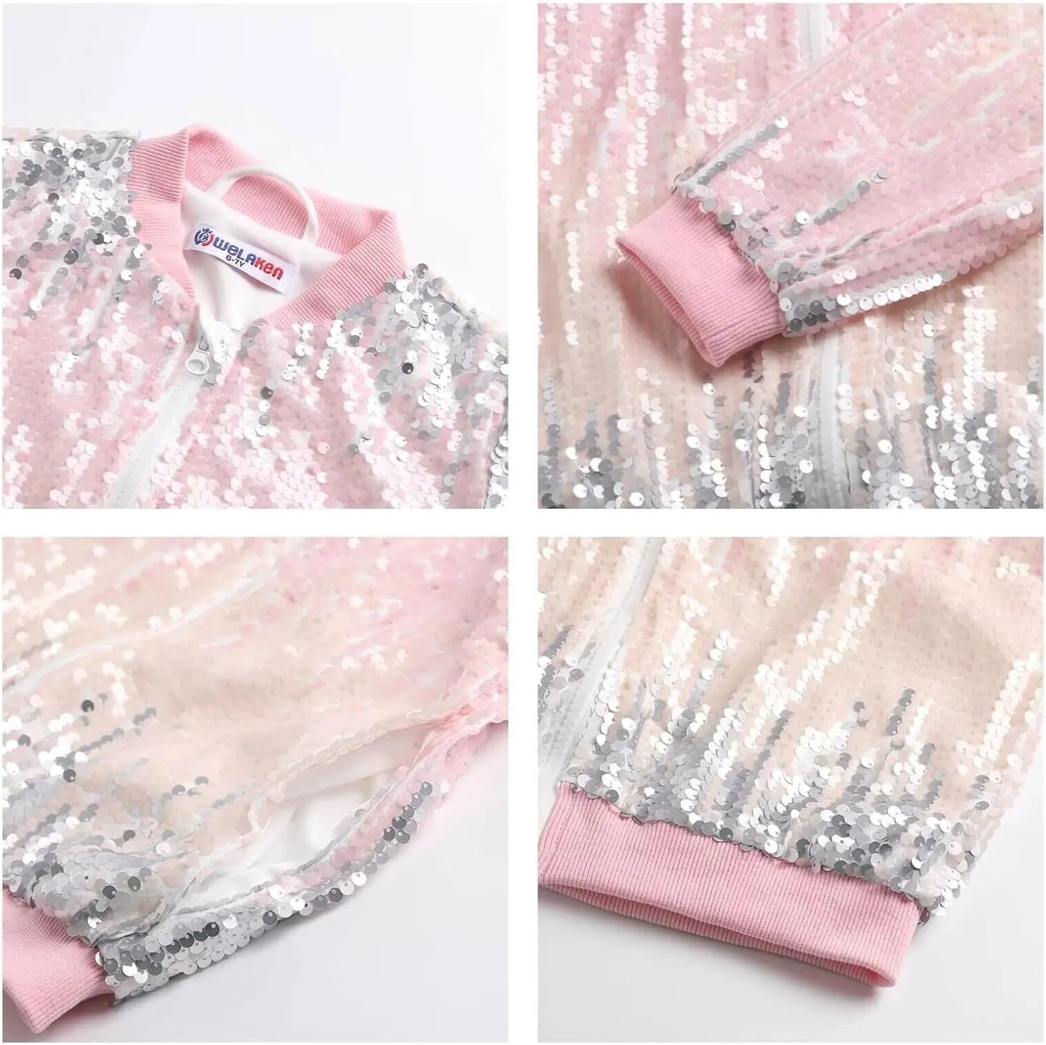 WELAKEN Girls' Ombre Sequin Bomber Jacket with Pockets Lightweight Sparkle Long Sleeve Zipper Gradient Jackets for Kid