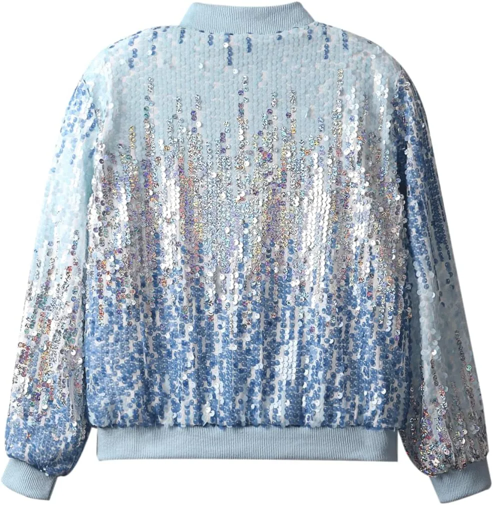 WELAKEN Girls' Ombre Sequin Bomber Jacket with Pockets Lightweight Sparkle Long Sleeve Zipper Gradient Jackets for Kid