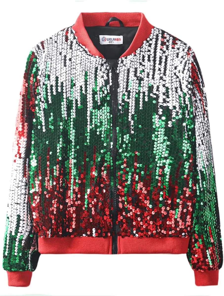 WELAKEN Girls' Ombre Sequin Bomber Jacket with Pockets Lightweight Sparkle Long Sleeve Zipper Gradient Jackets for Kid