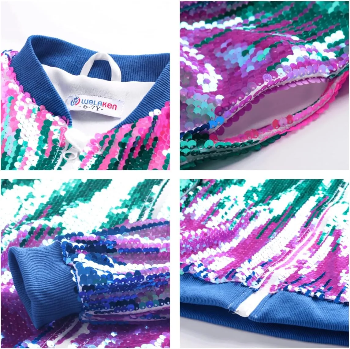 WELAKEN Girls' Ombre Sequin Bomber Jacket with Pockets Lightweight Sparkle Long Sleeve Zipper Gradient Jackets for Kid